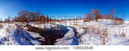 Wide Panorama Winter Landscape With Forest And River