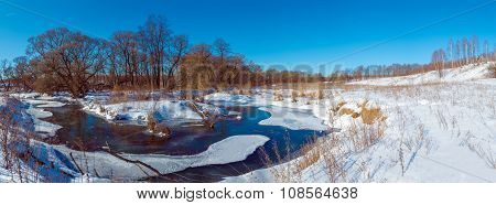 Wide Panorama Winter Landscape With Forest And River