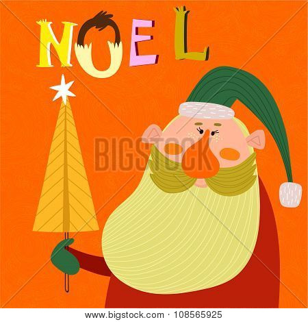 Stylish New Year And Christmas Card With Funny Santa Claus With Tree In Vector. Bright Childish Holi