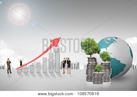 Buisnesspeople with growth graph and coins
