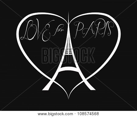 Love And Peace For Paris. Eiffel Tower In Heart. Black And White.