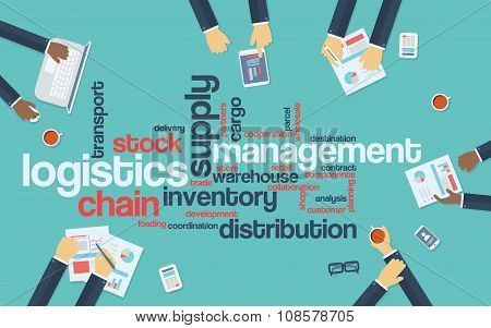Logistics management business vector background with wordcloud and businessmen on a meeting.