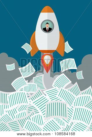 Businessman On Rocket Get Away From A Lot Of Documents