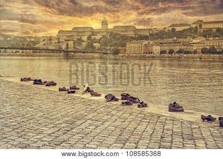 Budapest, Hungary - October 12: Iron Shoes Memorial To Jewish People Executed Ww2 In Budapest Hungar