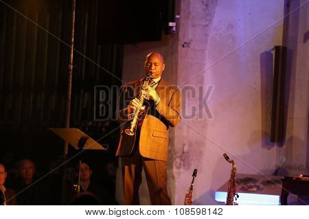 CRACOW POLAND - OCTOBER 29 2015: Branford Marsalis sax playing live music at The Cracow Jazz All Souls Day Festival in Saint Catherine Church. Cracow. Poland