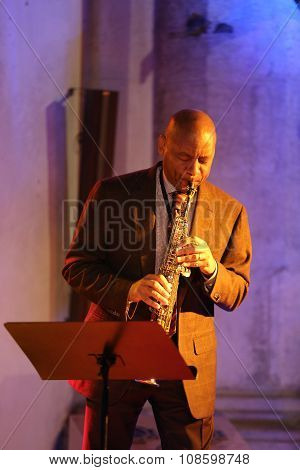 CRACOW POLAND - OCTOBER 29 2015: Branford Marsalis sax playing live music at The Cracow Jazz All Souls Day Festival in Saint Catherine Church. Cracow. Poland