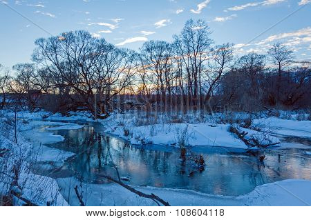 Winter Landscape With Forest And River
