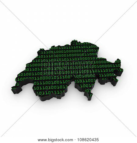 Swiss Technology Industry Concept Image - 3D Outline Of Switzerland Textured With Green Binary Code