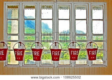 bucket with sand in a tea factory for fire fighting