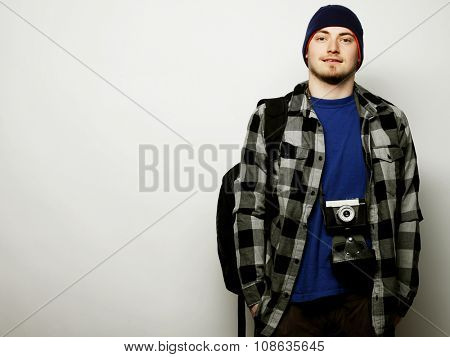 technology, people and life style concept: young  photographer over white background