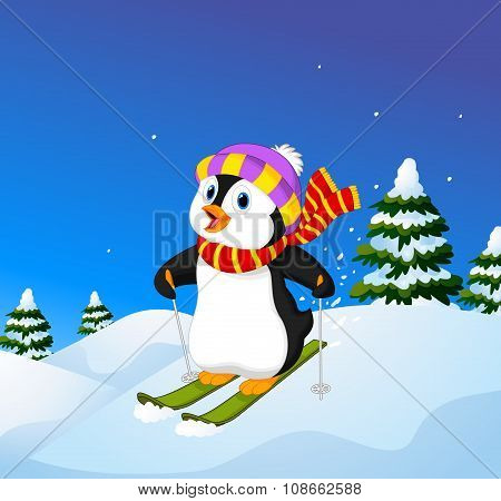 Cartoon penguin skiing down a mountain slope
