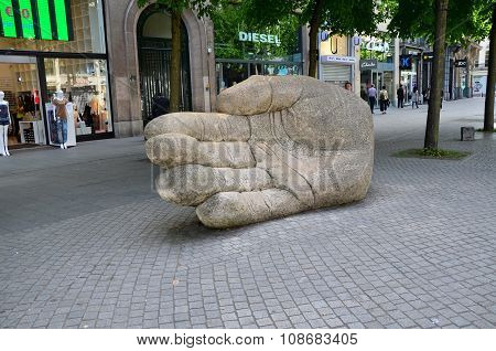 Antwerp, Belgium - May 10, 2015: Giant Hand Statue On Meir Street