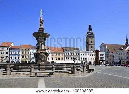 Fountain on the square in historic center of Ceske Budejovice.