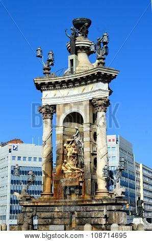 Fountain At Plaza De Espana In Barcelona