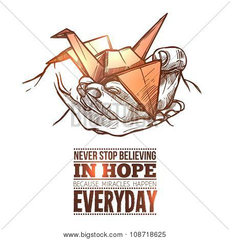 Origami symbolic paper folded crane doodle