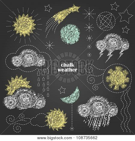 Vector Colored Chalk Sun, Moon And Clouds Design Elements Set