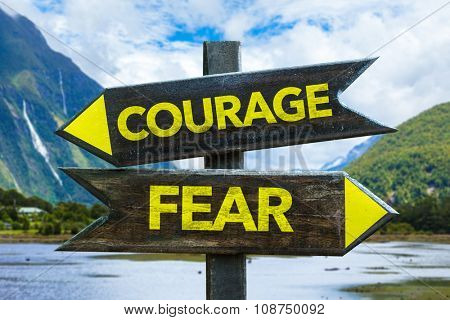 Courage - Fear signpost in a countryside background