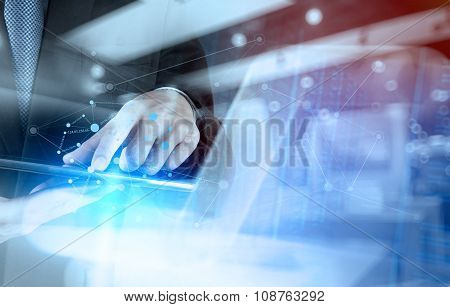 Double Exposure Of Businessman Working With New Modern Computer Show Social Network Structure And Bo