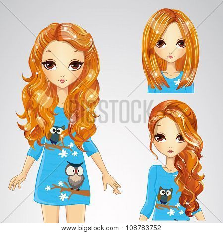 Girl In Blue Dress And Collection Of Hairstyles