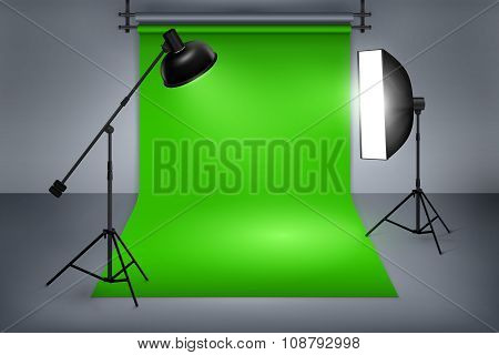 Film studio with green screen