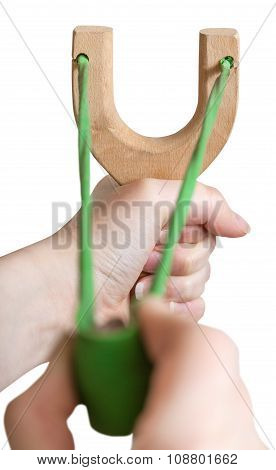 Aim And Shoot From Wooden Slingshot Isolated