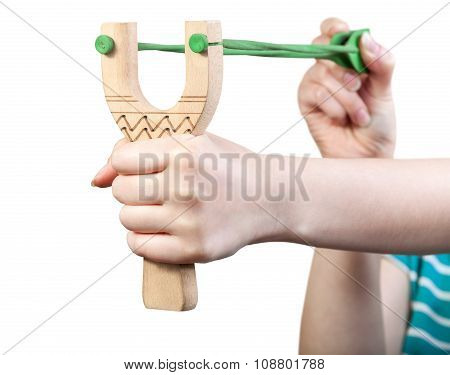 Girl Shoots From Simple Wooden Slingshot