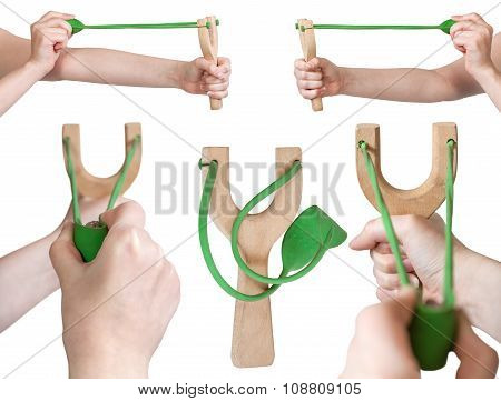 Set Of Hands With Simple Wooden Slingshot
