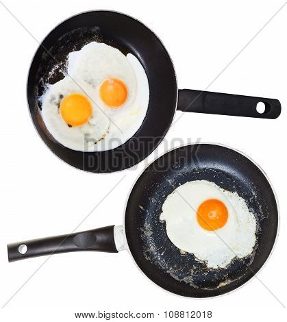 Frypans With One And Two Fried Eggs Isolated
