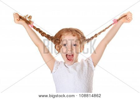 Laughing Girl Pull Her Pigtails Up By Hand And Show Her Teethes. Childhood Concept.