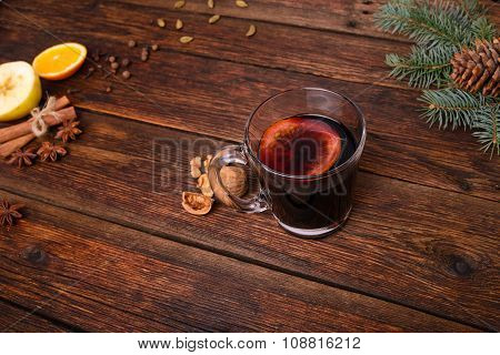 Mulled Wine, Punch And Spices For Glintwine On Vintage Wooden Table Background