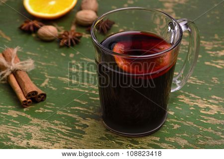 Mulled Wine, Punch And Spices For Glintwine On Vintage Wooden Background