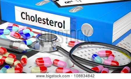 Illustration of doctor's desktop with different pills, capsules, statoscope, syringe, blue folder with label 'Cholesterol'