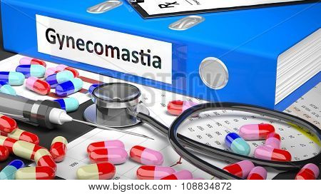 Illustration of doctor's desktop with different pills, capsules, statoscope, syringe, blue folder with label 'Gynecomastia'