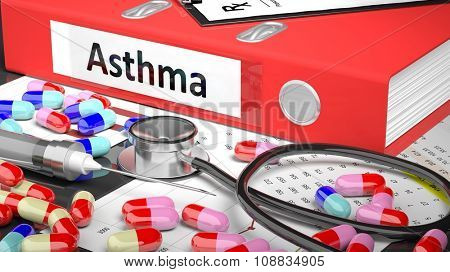 Illustration of doctor's desktop with different pills, capsules, statoscope, syringe, red folder with label 'Asthma'