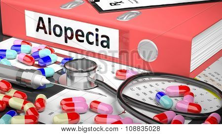 Illustration of doctor's desktop with different pills, capsules, statoscope, syringe, pale red folder with label 'Alopecia'