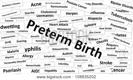 A disease called Preterm Birth written in bold type. Black and white words