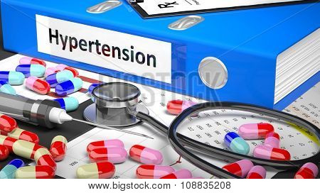 Illustration of doctor's desktop with different pills, capsules, statoscope, syringe, blue folder with label 'Hypertension'