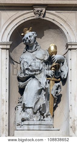 VIENNA, AUSTRIA - OCTOBER 10: Saint Barbara on baroque Jesuits church. The church was built between 1623 and 1627. in Vienna, Austria on October 10, 2014.