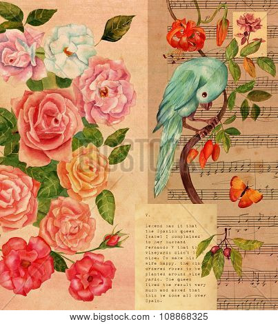 Vintage Collage With Sheet Music, Watercolor Roses, Butterfly And Bird