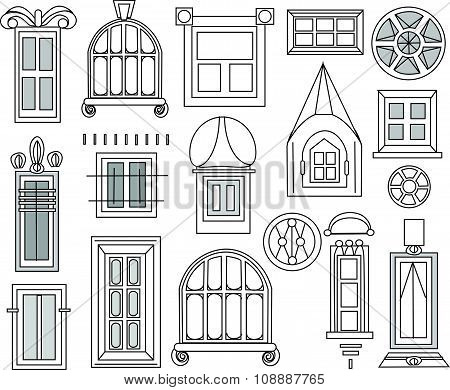 Windows and doors set for City houses, detailed doodle