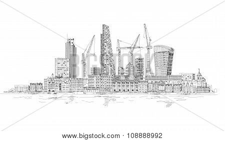 Modern London view from the River Thames, very detailed Illustration with lots of cranes and buildin