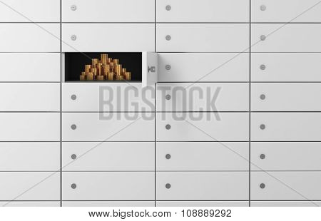 White Safe Deposit Boxes In A Bank. There Are Gold Coins Inside Of A One Box. A Concept Of Storing O