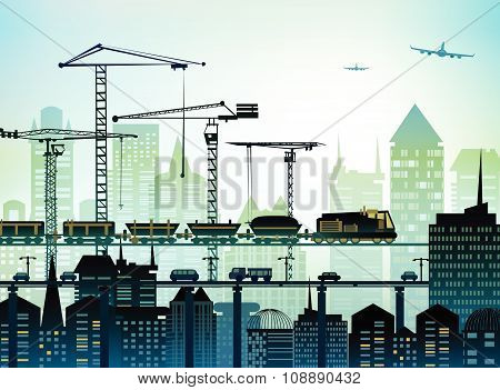 Train running though the city. Heavy industry concept illustration