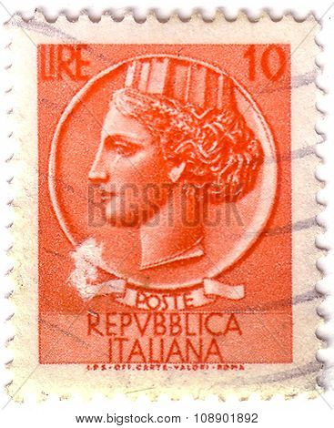Italy - Circa 1953: Stamp Printed By Italy, Shows Female Head, Circa 1953