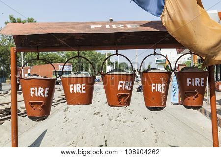 Bucket With Sand In A Petrol Station For Fire Fighting