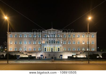 Athens, Greece 11 November 2015. Night traffic in front of Parliament of Greece.