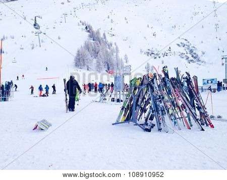 Skis and slopes view at Les Grands Montets ski area near Chamonix
