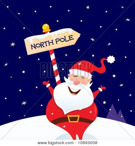 Frohe Weihnachten Santa mit Nordpol Schild