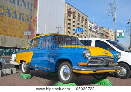 KIEV , UKRAINE - NOV 1, 2015. Exterior of the vintage Soviet car GAZ-21 Volga with folk stile tuning on November 1, 2015 in Kiev, Ukraine