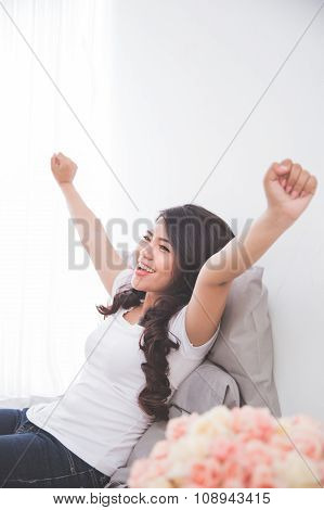 Woman Wake Up Stretches Her Body